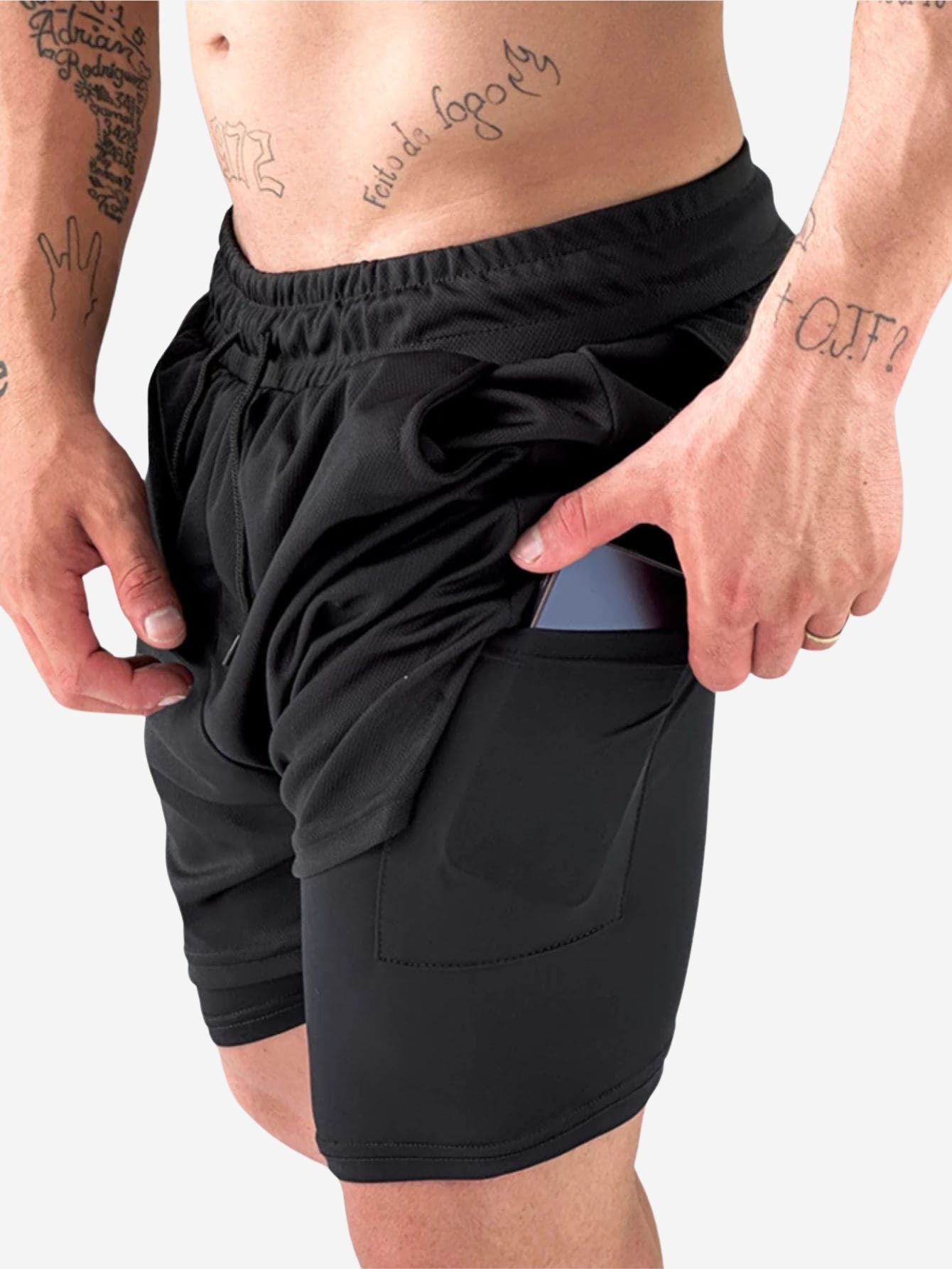 Short Masculino 2 em 1 Dry Fit com Compressão Interna e Bolso para Celular